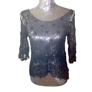 NEW Free people crochet open weave black top XS floral